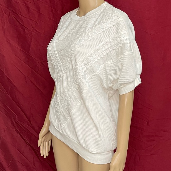 Vintage 1980’s L.A. Dreamin’ Lace Overlay Short Sleeve Knit Top XL - Picture 4 of 7